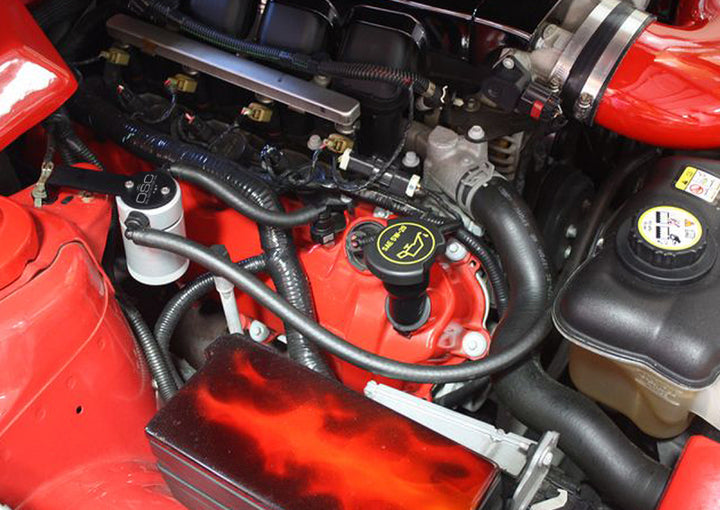 J&L 05-10 Ford Mustang GT/Bullitt/Saleen Passenger Side Oil Separator 3.0 - Clear Anodized - Bull Strap