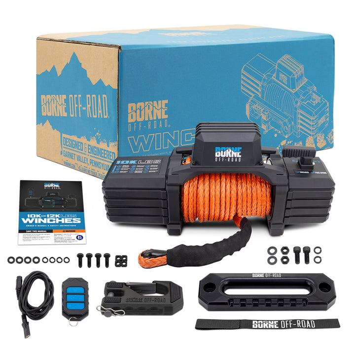 Borne Off-Road 10K Winch - Orange Synthetic Rope - Bull Strap