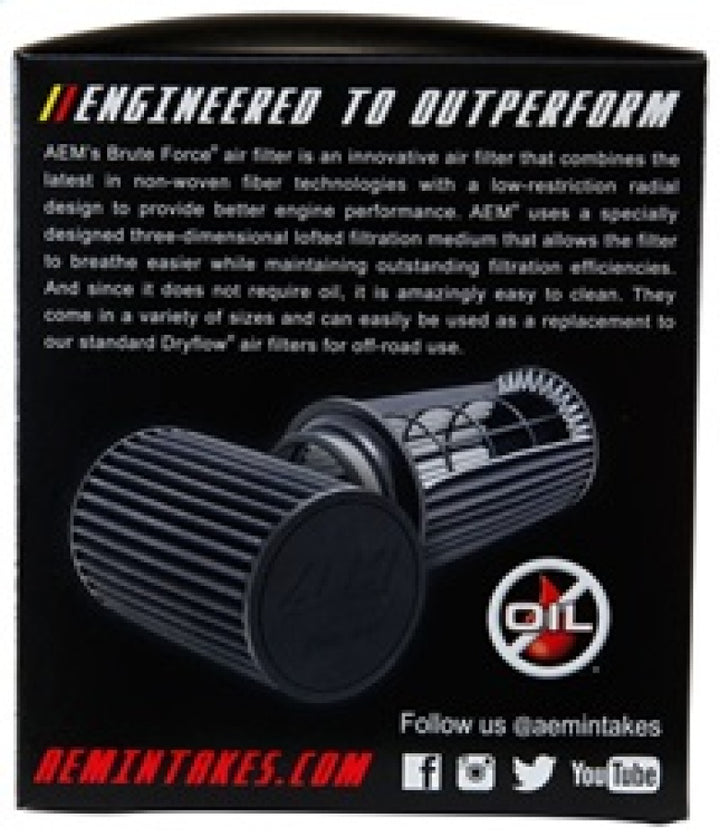 AEM Brute Force Dryflow Air Filter - Conical 6in Base OD / 5.125in Top OD / 5.25in Height - Bull Strap