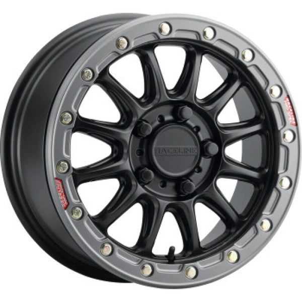 Raceline A14BG Alpha 15x10in/4x156 BP/10mm Offset/132.5mm Bore- Blk & Gunmetal Ring Beadlock Wheel - Bull Strap
