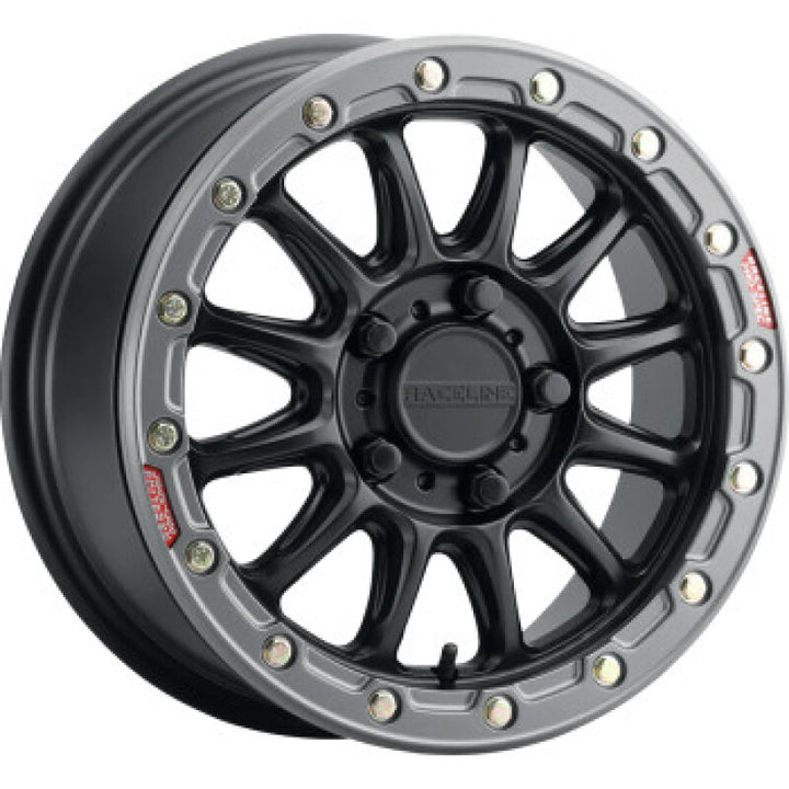 Raceline A14BG Alpha 17x7in/4x156 BP/25mm Offset/132.5mm Bore- Blk & Gunmetal Ring Beadlock Wheel - Bull Strap