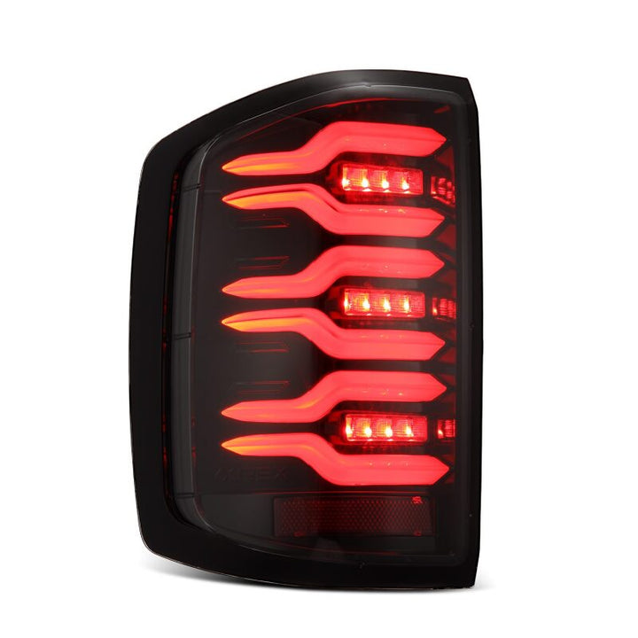 AlphaRex 14-18 Chevy Silverado 1500 Luxx-Series LED Tail Lights Alpha-Black w/Activ Light/Seq Signal - Bull Strap