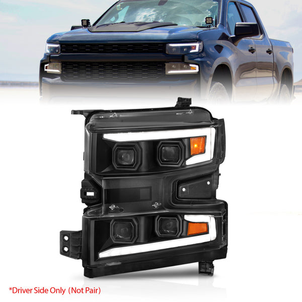 ANZO 19-22 Chevrolet Silverado 1500 LED Proj HL w/Lgt Bar SwBk Seq. Blk w/In. Light - Driver Side ON - Bull Strap