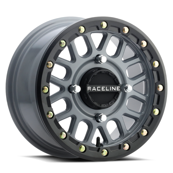 Raceline A93SG Podium 15x6in/4x156 BP/40mm Offset/132.5mm Bore - Grey & Black Ring Beadlock Wheel - Bull Strap