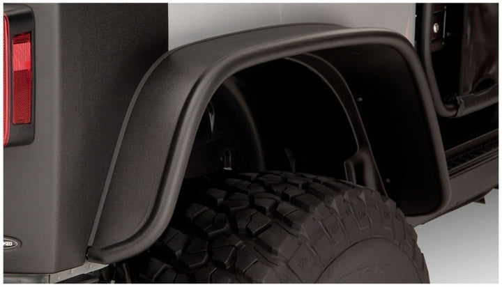 Bushwacker 07-18 Jeep Wrangler Flat Style Flares 4pc Fits 2-Door Sport Utility Only - Black - Bull Strap