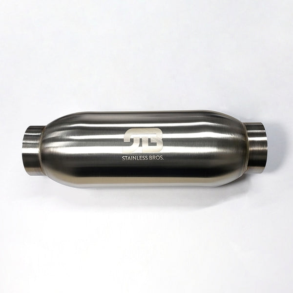 Stainless Bros 4in Body x 18in Length 3in Inlet/Outlet Bullet Resonator - Bull Strap