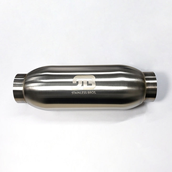 Stainless Bros 4in Body x 18in Length 3in Inlet/Outlet Bullet Resonator - Bull Strap