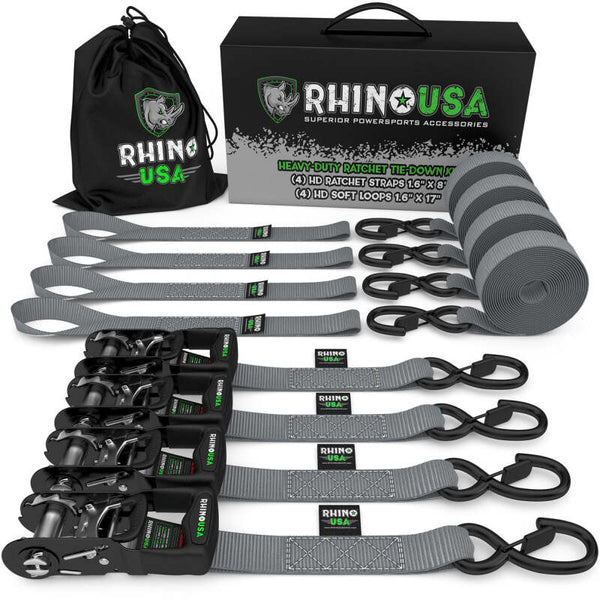 Rhino USA Heavy Duty Ratchet Tie-Down 4-Pack (Gray) 1.6In X 8Ft - Bull Strap