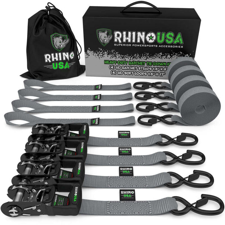 Rhino USA Heavy Duty Ratchet Tie-Down 4-Pack (Gray) 1.6In X 8Ft - Bull Strap
