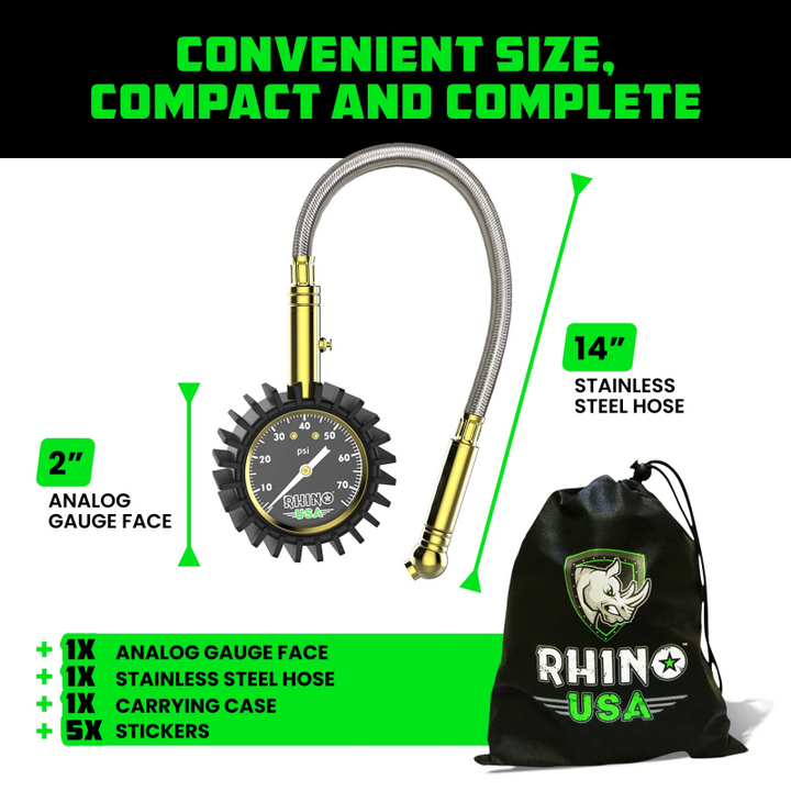 Rhino USA 75 Psi Analog Heavy Duty Tire Pressure Gauge - Bull Strap