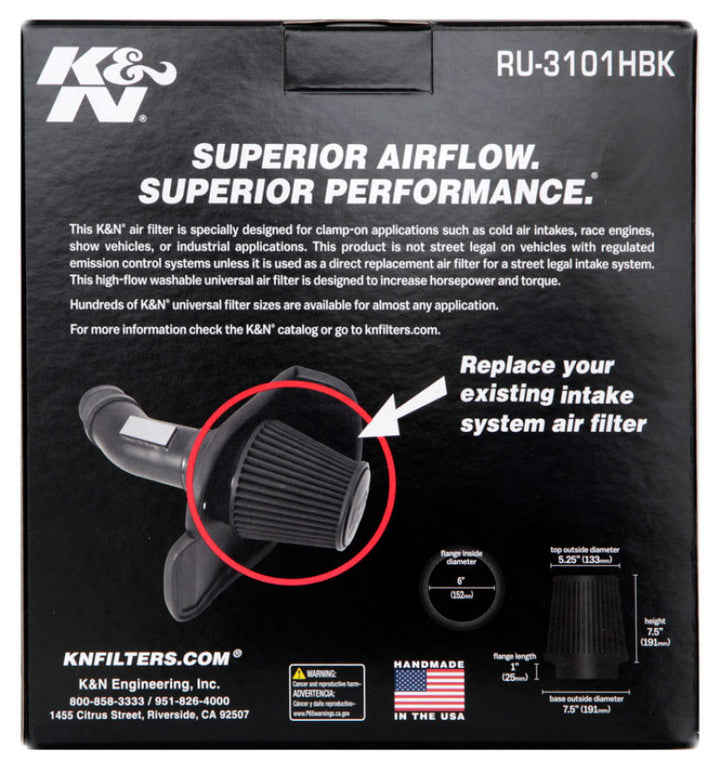 K&N Universal Rubber Filter Round Tapered 6in Flange ID x 7.5in Base OD x 5.25in Top OD x 8in Height - Bull Strap