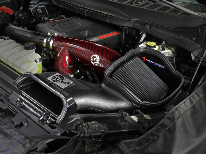 aFe 17-24 Ford F-150 Track Series Red Kevlar Carbon Fiber C/A Intake System w/Black Pro 5R Filter - Bull Strap