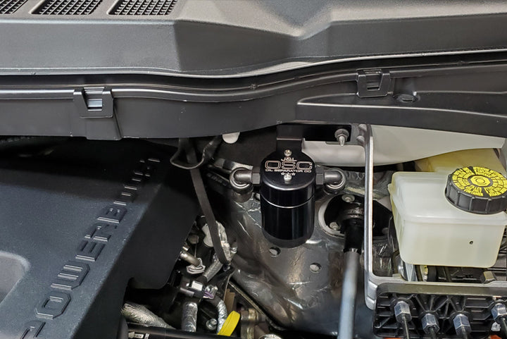J&L 2021-2025 Ford F-150 3.5L Passenger Side Oil Separator 3.0 - Black Anodized - Bull Strap