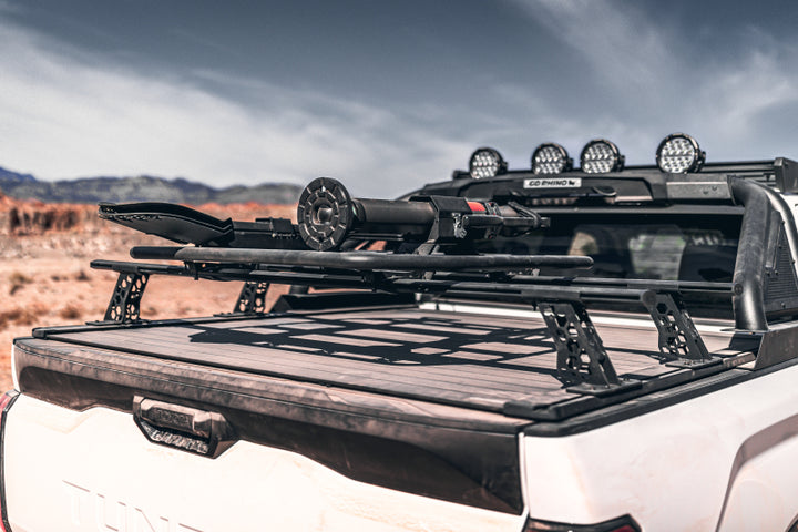 Go Rhino 15-22 Ford F-150 / 07-21 Toy. Tundra XRS Cross Bars Kit - Tex Blk (Attch Tonneau Cvr T-Trk) - Bull Strap