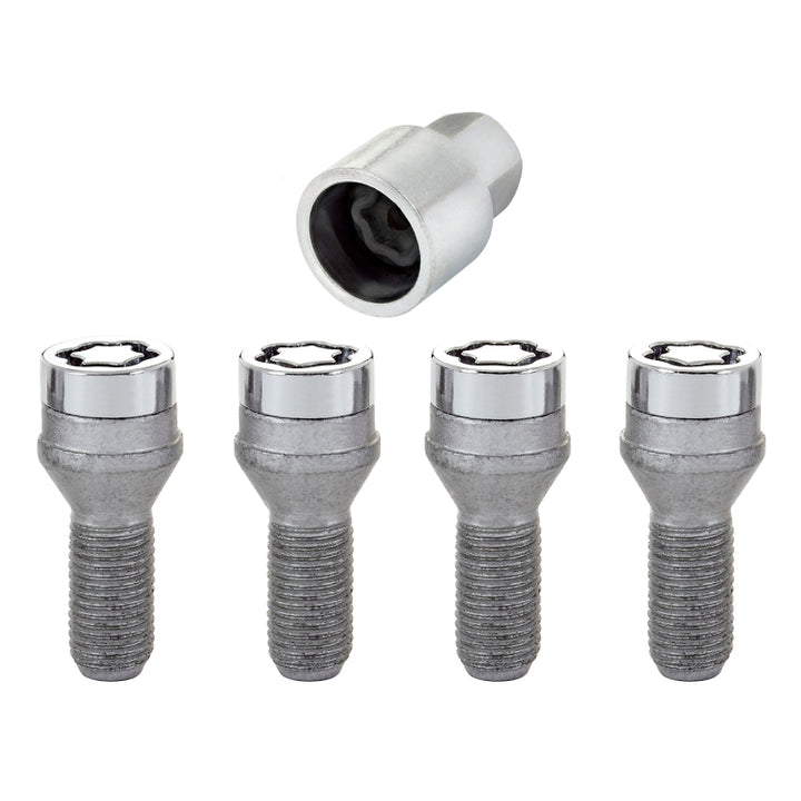 McGard Wheel Lock Bolt Set - 4pk. (Cone Seat) M14X1.25 / 17mm Hex / 27.3mm Shank Length - Chrome - Bull Strap