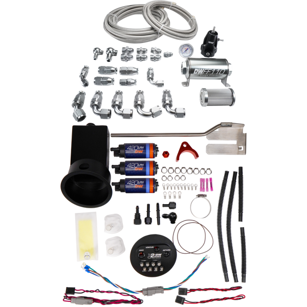DeatschWerks 94-02 Nissan Silvia and Skyline X2 Surge Module with DW420 Pumps and PTFE Plumbing Kit - Bull Strap