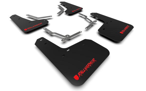 Rally Armor 12-19 Ford Focus ST / 16-19 RS Black UR Mud Flap w/Red Altered Font Logo - Bull Strap