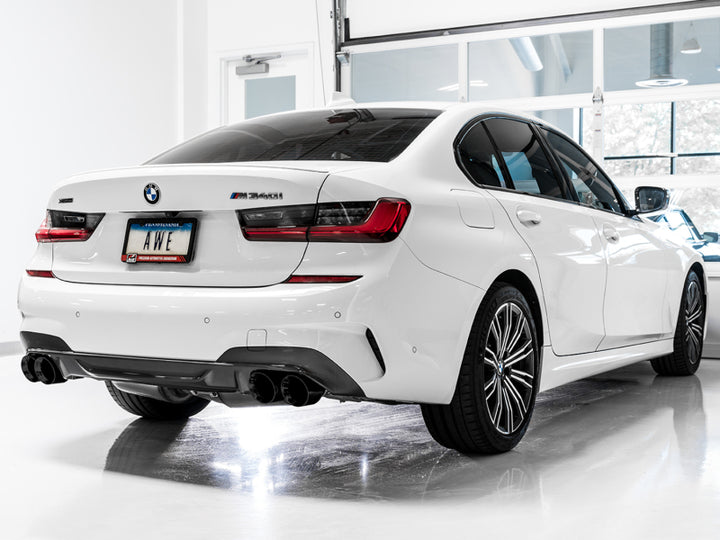 AWE Tuning 2019+ BMW M340i (G20) Non-Resonated Touring Edition Exhaust - Quad Diamond Black Tips - Bull Strap