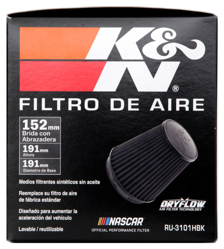 K&N Universal Rubber Filter Round Tapered 6in Flange ID x 7.5in Base OD x 5.25in Top OD x 8in Height - Bull Strap