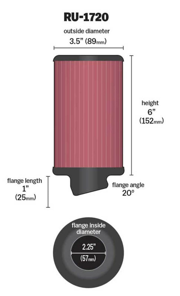 K&N Filter Universal Rubber Round Air Filter 20 Deg Flange Angle 2.25in Flange ID x 3.5in OD x 6in H - Bull Strap