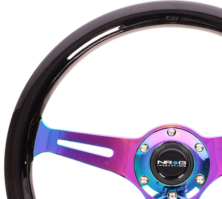 NRG Classic Wood Grain Steering Wheel (350mm) Black Paint Grip w/Neochrome 3-Spoke Center - Bull Strap