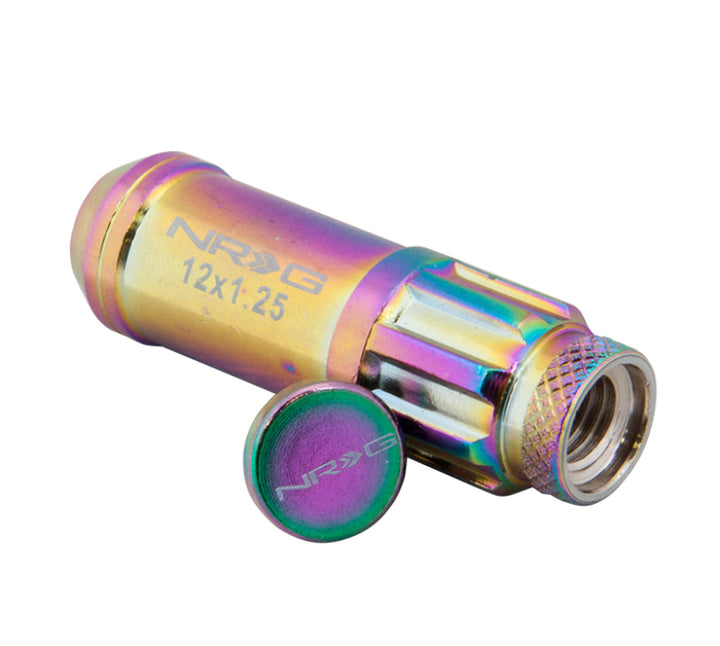 NRG 700 Series M12 X 1.5 Steel Lug Nut w/Dust Cap Cover Set 21 Pc w/Locks & Lock Socket - Neochrome - Bull Strap