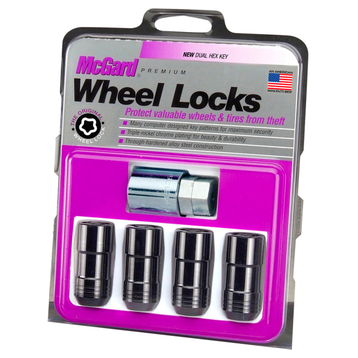 McGard Wheel Lock Nut Set - 4pk. (Cone Seat) M14X1.5 / 21mm & 22mm Dual Hex / 1.965in. L - Black - Bull Strap