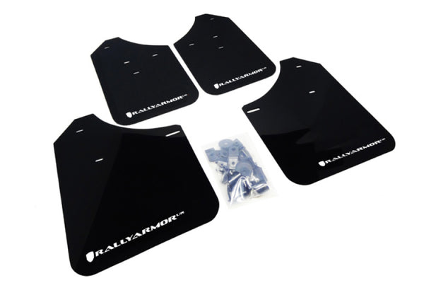 Rally Armor 02-07 Subaru WRX/STI/RS/2.5i (Wagons Req. Mod.) Black UR Mud Flap w/White Logo - Bull Strap