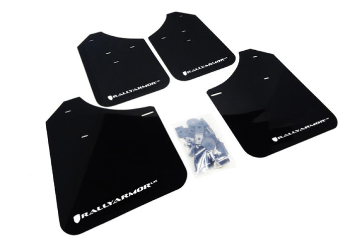Rally Armor 02-07 Subaru WRX/STI/RS/2.5i (Wagons Req. Mod.) Black UR Mud Flap w/White Logo - Bull Strap