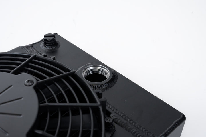 CSF Universal Drag Race / Tuck Radiator w/9in Spal Fan - 10.5in H x 10in L x 3.6in W - Black - Bull Strap