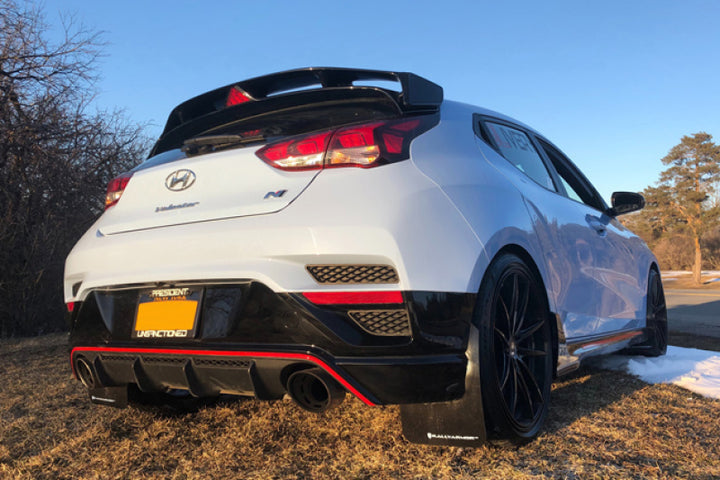 Rally Armor 19-22 Hyundai Veloster N Black UR Mud Flap w/ Red Logo - Bull Strap