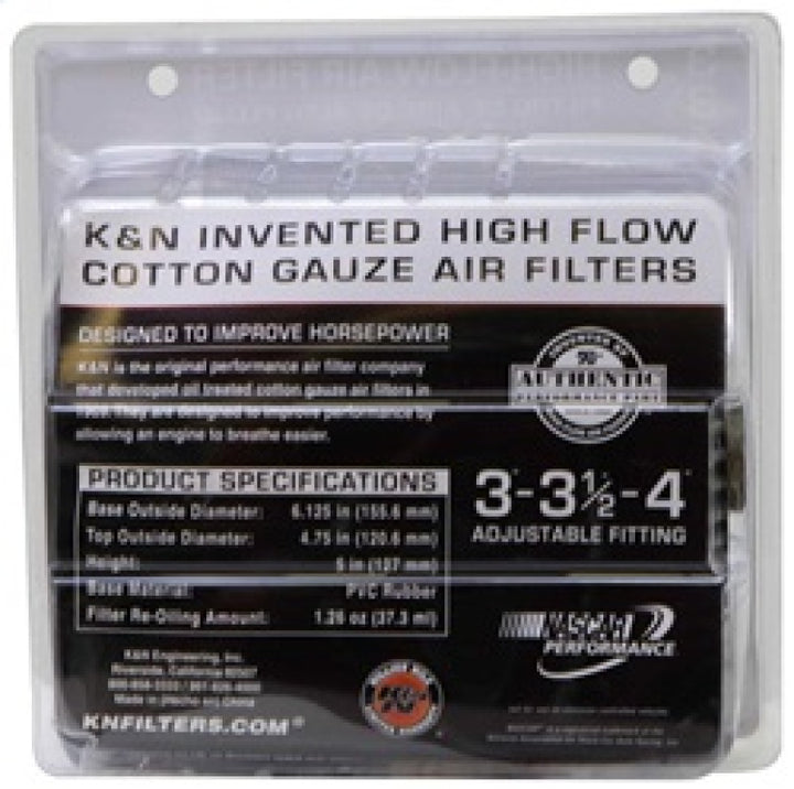 K&N Universal Filter Chrome Round Tapered White - 4in Flange ID x 1.125in Flange Length x 5.5in H - Bull Strap