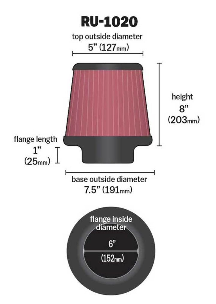 K&N Universal Tapered Filter 6in Flange ID x 7.5in Base OD x 5in Top OD x 8in Height - Bull Strap