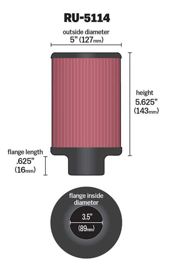 K&N Filter Universal Rubber Filter 3.5in Flange ID x 5in OD x 5.625in H - Bull Strap