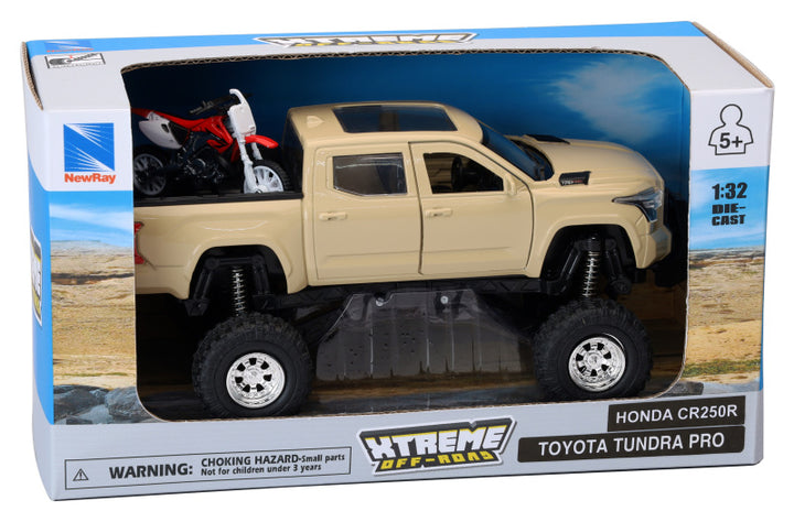 New Ray Toys Toyota Tundra Pro Lifted Truck Mud Bath with Honda Dirt Bike 1:32 Scale - Bull Strap