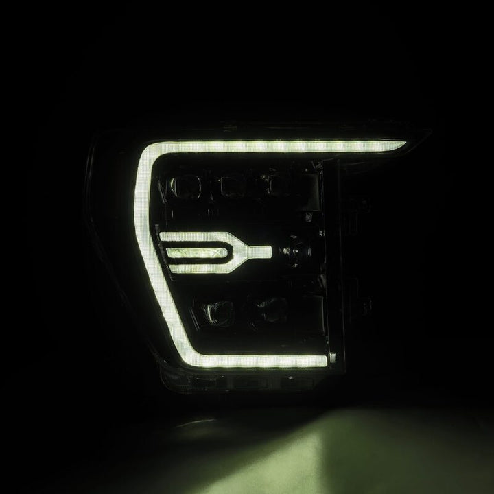 AlphaRex 21-22 Ford F-150 NOVA LED Proj Headlights Plank Style Alpha Blk w/Activ Light/Seq Signal - Bull Strap