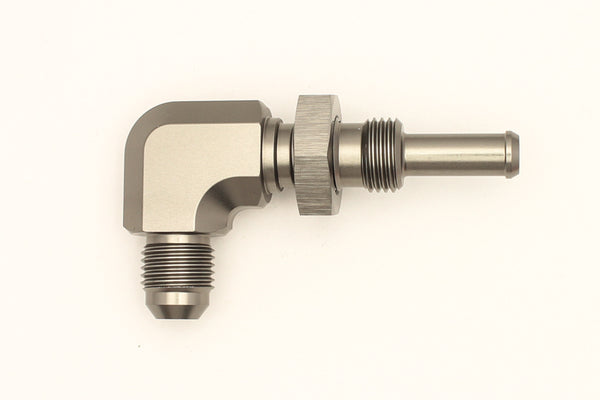 DeatschWerks 6AN Male Flare To 5/16in. Male Barb Bulkhead Adapter 90-Degree (Incl. Nut) - Bull Strap