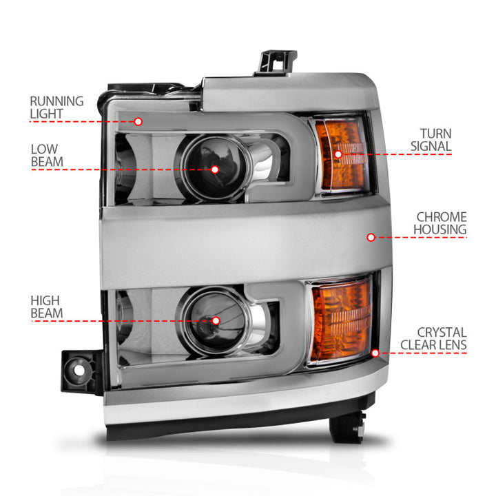 ANZO Projector Headlights 15-17 Chevrolet Silverado 2500HD / 3500HD Chrome w/ Chrome Rim - Bull Strap