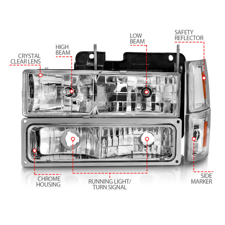 ANZO 88-98 Chevrolet C1500 Crystal Headlights Chrome w/ Signal and Side Marker Lights - Bull Strap