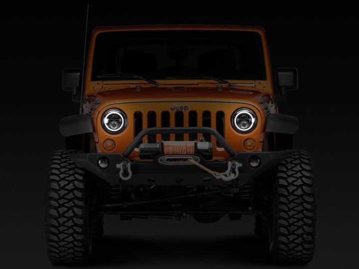 Raxiom 97-18 Jeep Wrangler TJ/JK Axial Halo Headlights w/ DRL Amber Signals- Blk Hsng (Clear Lens) - Bull Strap