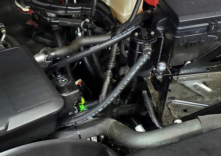 J&amp;L 20-26 Chevy Silverado/GMC Sierra 2500/3500 6.6L Drivers Side Oil Separator 3.0 - Black Anodi - Bull Strap
