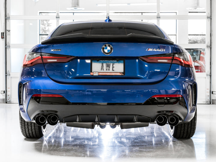 AWE Tuning 2019+ BMW M340i (G20) Non-Resonated Touring Edition Exhaust - Quad Diamond Black Tips - Bull Strap