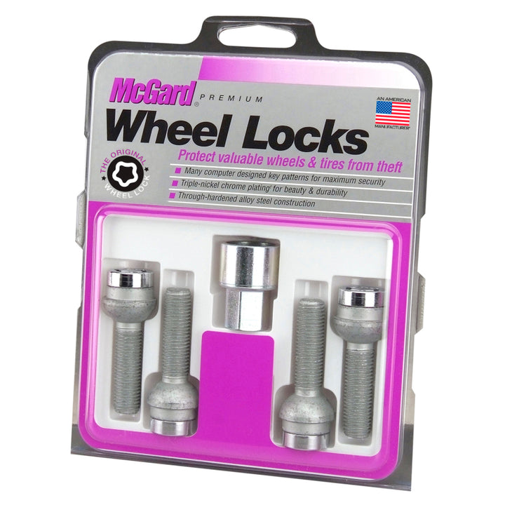 McGard Wheel Lock Bolt Set - 4pk. (Radius Seat) M14X1.5 / 17mm Hex / 26.7mm Shank Length - Chrome - Bull Strap