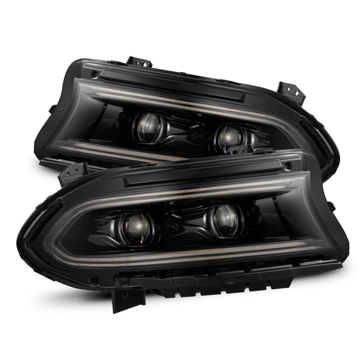 AlphaRex 15-23 Dodge Charger LUXX LED Proj Headlights Alpha-Black w/Actv Light & Seq.Sig / SB DRL - Bull Strap