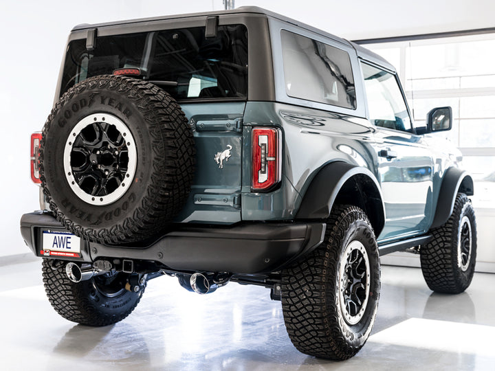 AWE Tuning 2021+ Ford Bronco 0FG Dual Rear Exit Exhaust w/Diamond Black Tips & Bash Guard - Bull Strap