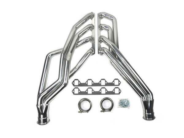 JBA 65-73 Ford Mustang 351W SBF 1-3/4in Primary Silver Ctd Long Tube Header - Bull Strap