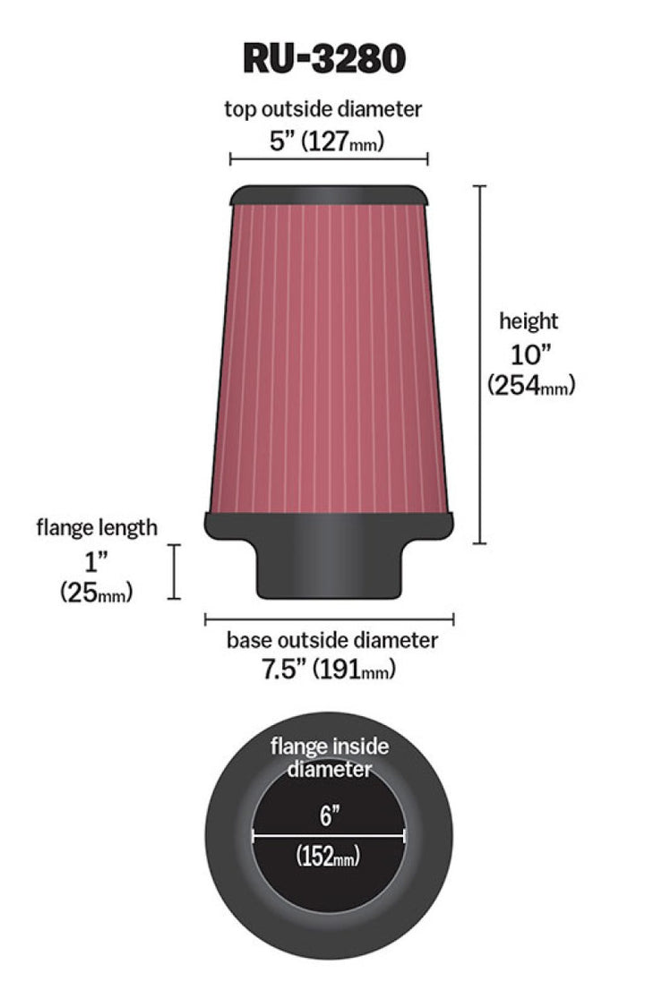 K&N Filter Universal Rubber Filter 6 inch Flange 7.5 inch Base 5 inch Top 10 inch Height - Bull Strap