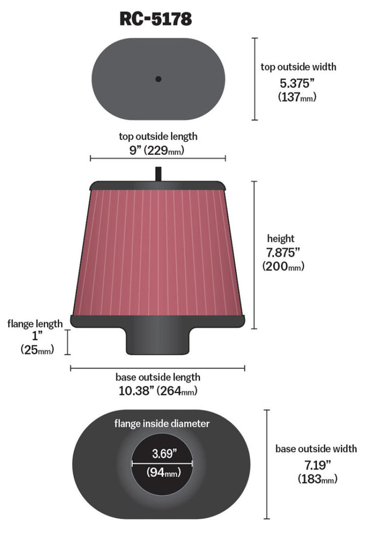 K&N Universal Air Filter - Oval Straight - 3.688in Flange ID x 10.25in Base O/S Length x 7.875in H - Bull Strap