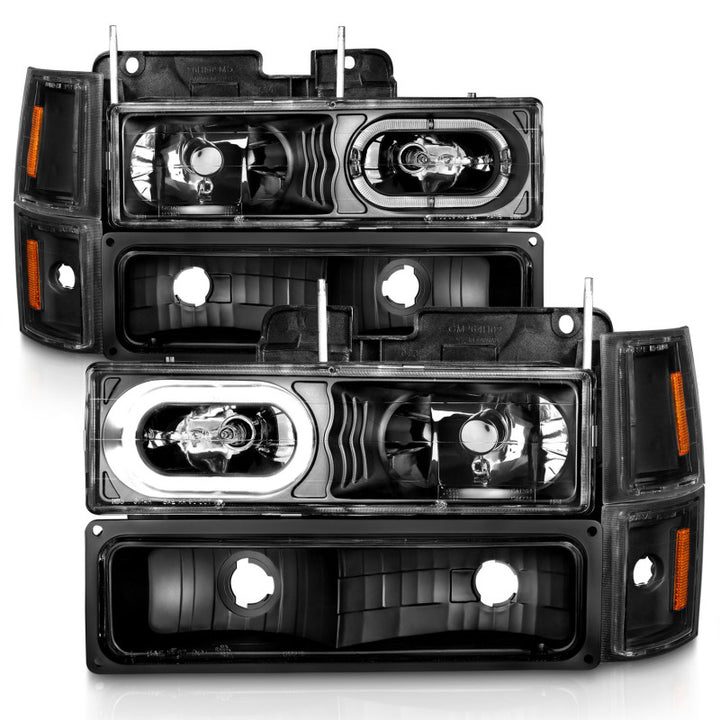 ANZO 88-98 Chevrolet C1500 Crystal Headlights Black Housing w/ Signal and Side Marker Lights - Bull Strap
