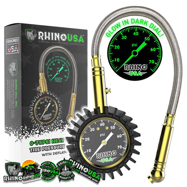 Rhino USA 75 Psi Analog Heavy Duty Tire Pressure Gauge - Bull Strap